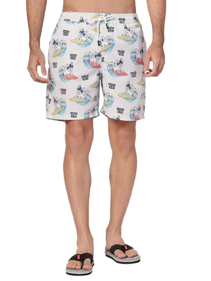Style Quotient Men Beige Dog Animal Print Regular Swimwear Shorts Quick Dry Trunks with Mesh Lining and Elasticated Waist