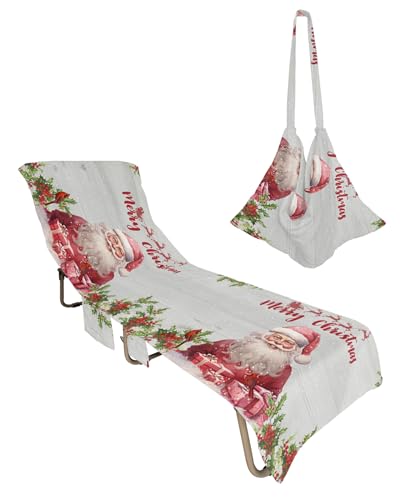 Pink Santa Christmas Beach Lounge Chair Towel Cover, Soft Chaise Lounge Towel with Side Pockets Patio Pool Chairs Cover for Beach/Pool Sunbathing 29x85 Xmas Tree Berry Winter Snowflake Gifts