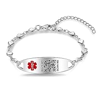 Theluckytag Verbessertes QR-Code-Armband für Damen, medizinisches Notfall-Armband, Sterlingsilber, 17,8 cm ~ 22,9 cm Kettenglieder, mehr Platz sparen und ändern, Notfall-Medizinfo, mittelgroß, Metall