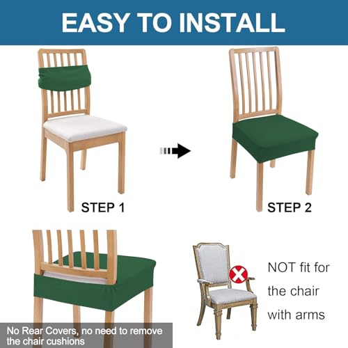 Image of Smiry Waterproof Seat Covers for Dining Room Chairs, No Rear Covers | Stretch Jacquard Removable Washable Chair Seat Slipcovers Protector, Set of 2, Emerald Green