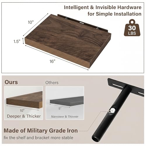 Image of Acovy 10 inch Extra Deep Floating Shelves for Wall, 16 inch Long Wood Wall Shelves Set of 2 for Bathroom Bedroom Kitchen Living Room Laundry Room, Modern Floating Shelf for Home Decor