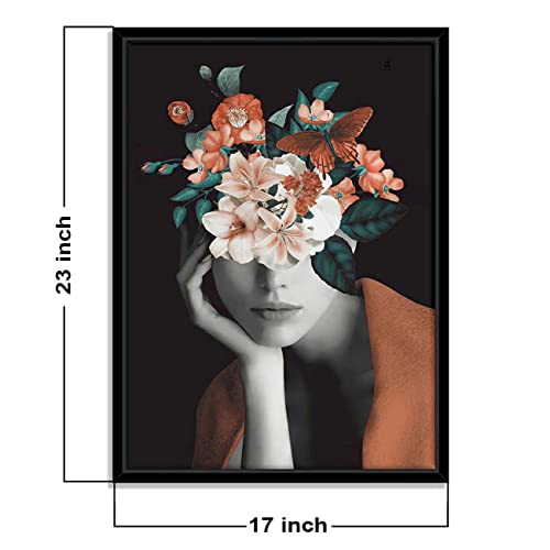 Image of PAINTINGMANTRA Masala Brown Girl & Flower Bouquet Black Framed Canvas Print for Wall, Home and Living Room Decoration (Size - 23 x 17 Inchs)
