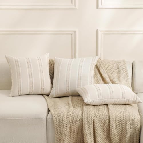 Image of Hckot Stripe Throw Pillow Covers 12x24 Lumbar Khaki Farmhouse Pillow Covers | Modern Decorative Pillows Textured Linen Cushion Covers for Sofa Couch Bed Living Room Decor