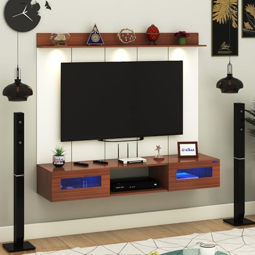 Image of Anikaa Orilo Wall Mounted PVC Back Panel TV Unit with Spot & Blue Ambient LED Light - Acrylic Storage Box, Display Shelf & Soft-Close Hinges | Ideal for UP to 50 Inch TV (Walnut - DIY Installation)