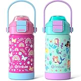 Fimibuke Kids Insulated Water Bottle with Pop-Open Straw & Spout 2-in-1 Lid, 14oz Leak Proof 18/8 Stainless Steel Vacuum Tumbler, BPA-Free Kids Cup For Travel School Girls Boys Toddler 2Packs