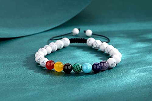Xiannvxi White Turquoise Bracelet 7 Chakra Healing Crystal Stone Beaded Bracelet Natural Gemstone Beads Reiki Yoga Meditation Anxiety Quartz Adjustable Braided Bracelets #TOP1