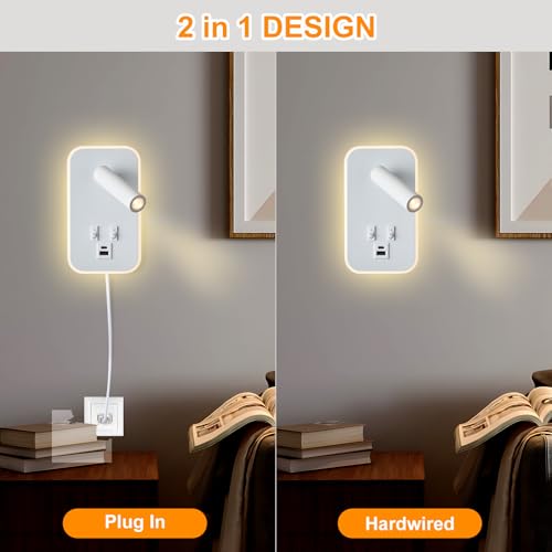 Image of Headboard Reading Light, Bedside Lamp Plug in Hardwired 2 in 1 Wall Lamp, Bedside Lamps USB C+A Ports, Adjustable Headboard Lights for Bedroom with 10W+3W Wall Mounted Reading 3000K (White)