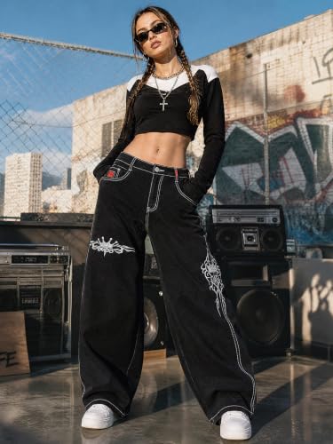 Image of EMMIOL Women Hip Hop 90s Vintage Baggy Jeans Denim Pants Mid Waist Jeans