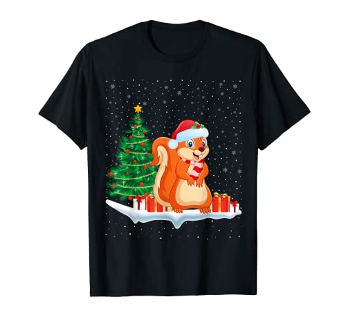 Funny Xmas Lighting Tree Santa Hat Chipmunk Christmas T-Shirt