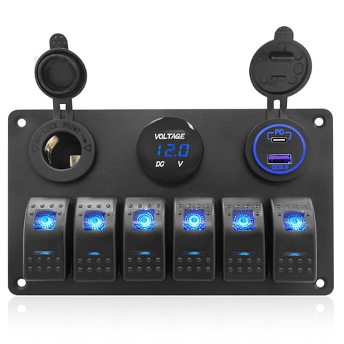 THALASSA Marine Boat Rocker Switch Aluminum Panel Waterproof with 6 Gang Blue LED Switches, 3.1A Dual USB Outlet, Red Digital Voltage Display, DC 12V Car Power Socket for Car Truck RV Vehicles Yacht