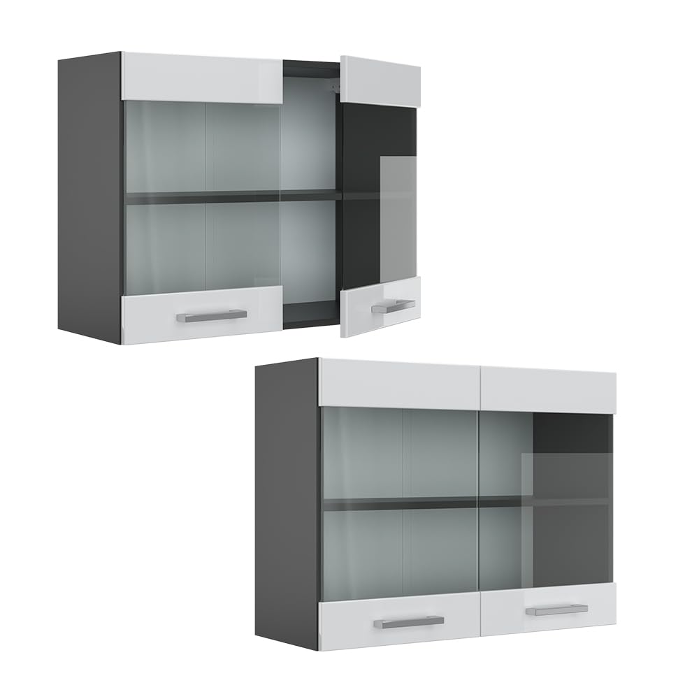 Vicco Armario de Cocina con Vidrio R-Line, Blanco Alto Brillo, 80 cm, para combinación Libre Dentro de Sistemas de Cocina modulares