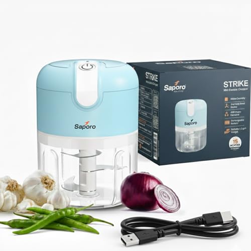 Image of Saporo Strike Mini Rechargeable Vegetable Chopper for Kitchen - One Touch Operation - 3 Stainless Steel Blades for Chopping Onion, Mincing Garlic, Nuts, Meats - 250 ml Capacity, Blue
