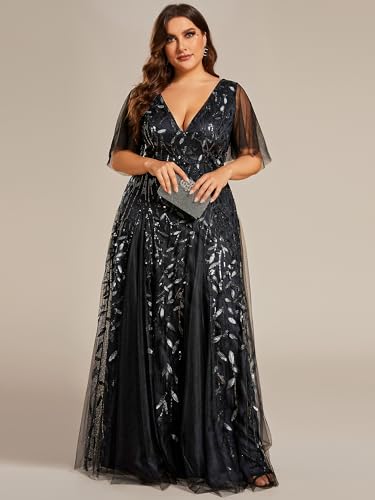 Image of Ever-Pretty Women's Sequin V Neck Plus Size Formal Dresses Evening Gown | Short Sleeve, A-Line, Empire Waist, Plus Size Mother of the Bride Dresses, Plus Size Gala Dress