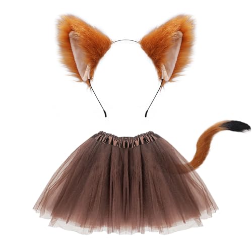 FUIPVGI 3 Pièces Costume de Renard Inclus Fausses Oreilles de Renard Bandeau Queue de Renard Tutu Jupe Ensemble pour Adultes Enfants Déguisement Renard...