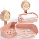 Double Layer Soap Dish for Shower 2 Pack, Wall Mounted Bar Soap Holder Suction Cup 2 Layer Self Draining Soap Case Sponge Holder for Shower Bathroom, Tub and Kitchen Sink, Drill-Free Tray (Pink)