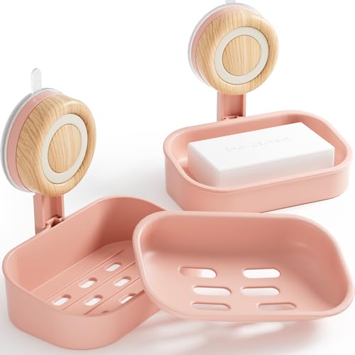 Cinola Double Layer Soap Dish for Shower 2 Pack, Wall Mounted Bar Soap Holder Suction Cup 2 Layer Self Draining Soap Case Sponge Holder for Shower Bathroom, Tub and Kitchen Sink, Pink
