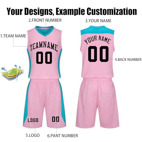 Camiseta de Baloncesto Personalizada Hombre y Niño 2 Piezas, Trajes de Baloncesto para Adultos y Niños con tu Nombre Número Equipo Logo Rosa