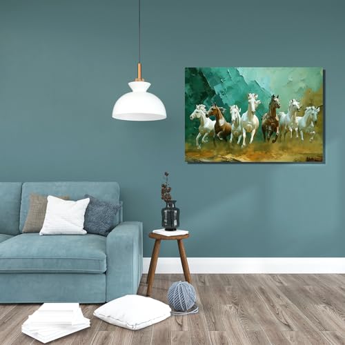 Image of RANGOLI Seven Horses Wall Painting | Vastu-Approved Canvas Art for Home and Office |3D Painting for Living Room, Study, and Bedroom (16 x 23 Inches with Frame) (green)