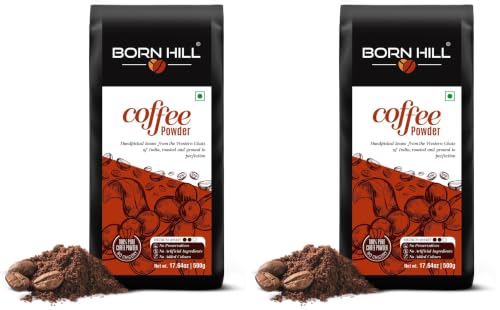 Image of BORN HILL Coffee Powder 500 Gram|Aromatic & Strong Filter Coffee Blend|Perfect For Moka Pots & Coffee Machines|Freshly Roasted & Ground|Medium Roast|0% Chicory, Packet (Pack of 2)