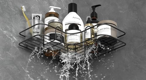 Image of Puno Steel Corner Shelf Rack (Pack of 2) - No Drill Self Adhesive Bathroom Wall Organizer | Matte Black Rustproof Kitchen Storage Rack for Toiletries & Bottles