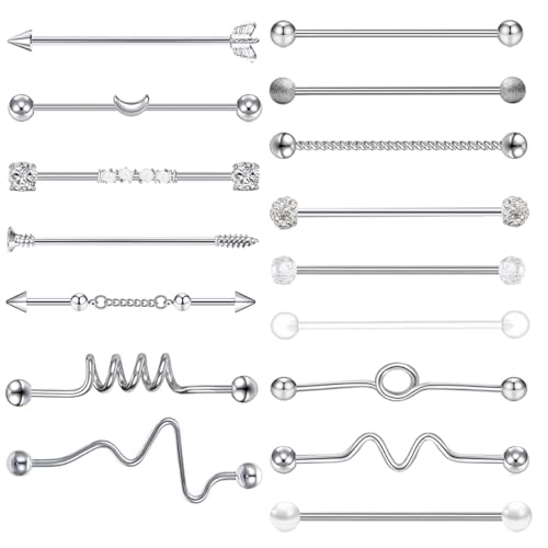 14G Industrial Barbell Earrings Stainless Steel Long Cartilage Helix Conch Body Piercing Jewelry 7-18pcs