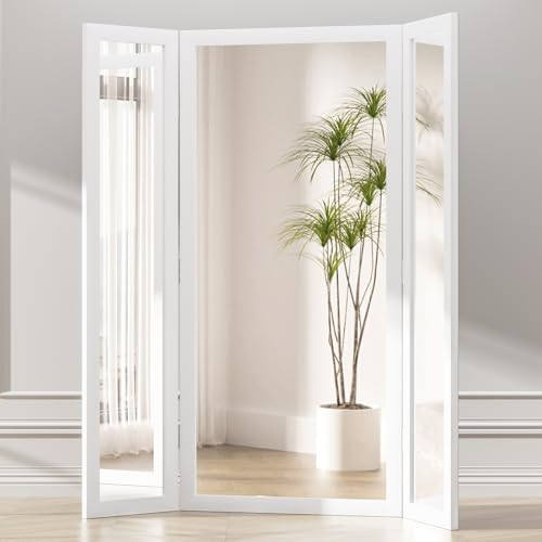 Trifold Mirror Full Length with Tempered Glass, 3 Way Oversized Extra Large Floor Mirror with Wood Frame, Decorative Mirror for Home,Wedding Dress/Clothing Shop/Bedroom/Closet, 71