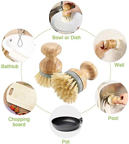 QOMJT Bamboo Round Mini Scrub Brush,Bamboo Dish Scrub Brushes, Dish Brush，Kitchen 4 inch Wooden Cleaning Scrub Brush for Dishes,Pans, Vegetables-for Kitchen Sink, Household Cleaning-Pack of 2