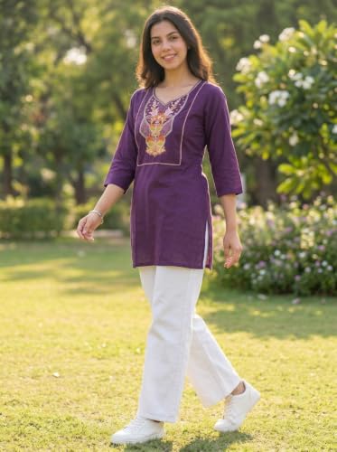 Image of Cotton Blend Embroidered Straight Kurta for Women | Cotton Blend | 3 /4 Sleeve | Round Neck V-Slit | Ethnic Wear Casual Wear