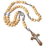 AEKZOX Collar de Rosario Católico con Cuentas de Madera y Colgante de Cruz Grabado con la Imagen de Jesucristo, Ideal para Sacramentos, Bautizos, Misas y Lecturas Bíblicas (Color Madera)
