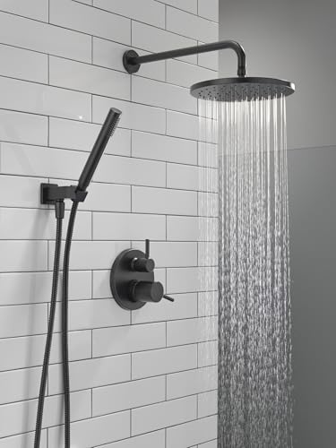 Image of Delta Modern 14 Series Round Rain Shower System Faucet Set, Rainfall Matte Black Shower Head and Handle Set, Valve Trim Kit, 10 Inch, Matte Black T342702-BL (Valve Not Included)