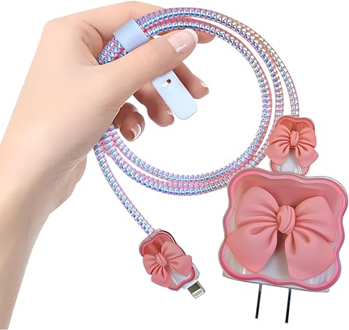 Image of skysia Bow Charger Protector for 18W 20W iPhone Chargers - Silicone Cable Saver Sleeve | Protective Cute 3D Cartoon Cover | USB Adapter Guard & Wire| Wrap Charging Cord Gadgets (Combo) (Blk&PnkBow)