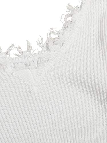 Verdusa Women's Ripped Scoop Neck Long Sleeve Frayed Knitted Pullover Sweater Top White M #TOP2