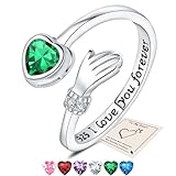 Silver Hug Rings, Love Heart Thumb Rings for Women Adjustable Cubic Zirconia Open Ring I Love You Forever Engraved Words Sister Friendship Gifts with Gift Card & Box, Emerald Stone