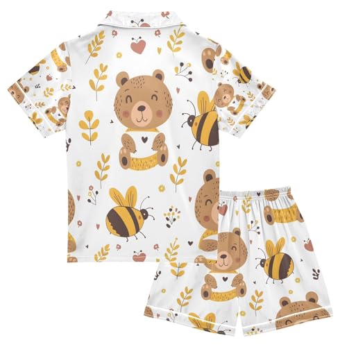 senya Bear and Leaves A Satin Summer Pajama Sets Silk Short Sleeve Button Down Sleepwear2