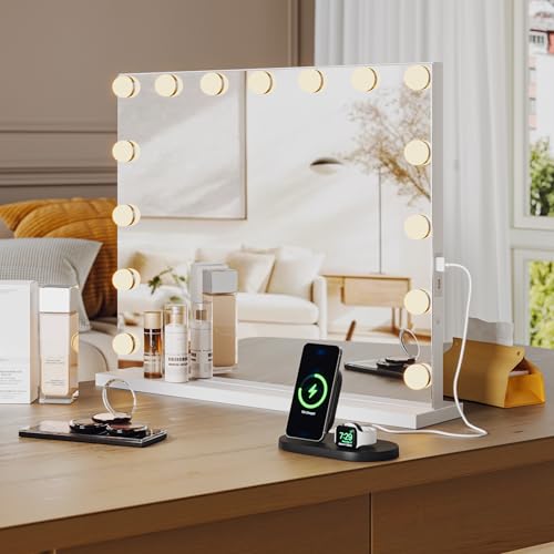 Vanity Mirror with Lights, Hollywood Lighted Vanity Mirror with 15 Dimmable LED Bulbs, 3 Color Modes, USB Charging Port, Light up Mirror with Touch Control for Bedroom, Tabletop, 23