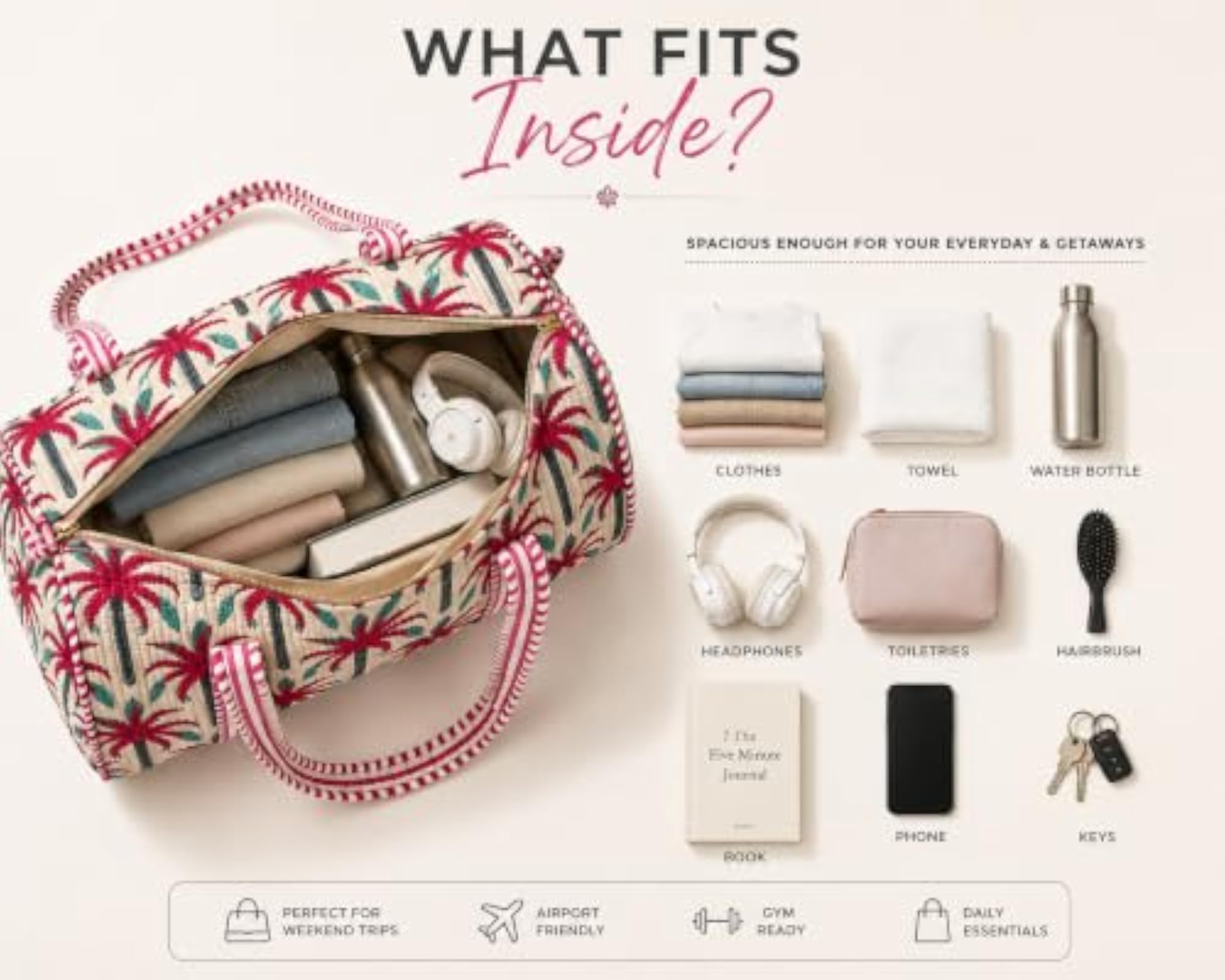 Quilted Duffle Bag with Palm Tree Print, Stylish Travel
