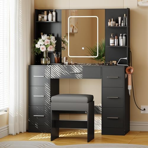 Garvee Makeup Vanity with Mirror and Chair, Power Outlet, Hairdryer Holder, 7 Drawers, 3 Lighting Modes Brightness Adjustable Dressing Table for Bedro