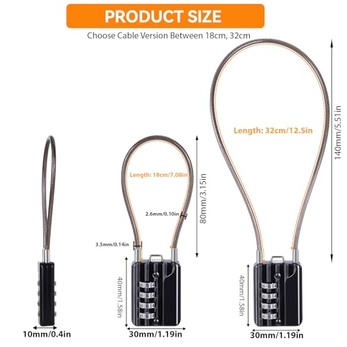 Image of SEPOX Versatile 12-Piece Resettable 4-Digit Combination Travel Lock Luggage Set - Own Password Set-Up, Extrem Long Anti-Cut Vinyl Steel Cable, Ideal for Suitcase - Black 32cm Cable