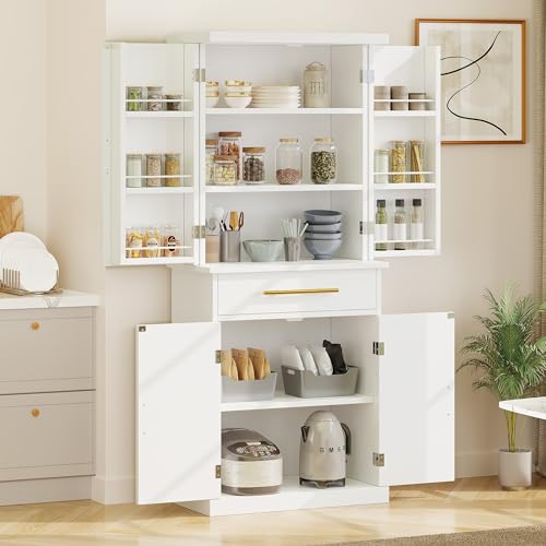 DWVO-Kitchen-Pantry-Cabinet-72-Tall-Freestanding-Buffet-Cupboard-Kitchen-Storage-Cabinet-with-Drawer-6-Side-Shelves-Food-Pantries-for-Dining-Room-Living-Room-Kitchen-White DWVO Kitchen Pantry Cabinet 72 Tall Freestanding Buffet Cupboard Kitchen Storage Cabinet with Drawer 6 Side Shelves Food Pantries for Dining Room Living Room Kitchen White