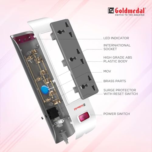 Image of Goldmedal Taco 3x1 Spike Guard, Colour: White & Grey, Max Load: 10A, Sockets: 3-pin International Sockets & a 2-Pin Socket