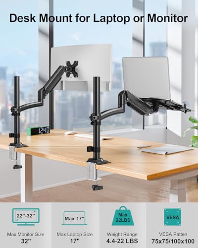 Image of MOUNT PRO Laptop Arm Desk Mount, Single Monitor Stand with VESA Laptop Tray, Adjustable Lap Top Holder for Max 22lbs 17 inch Notebook & 32 inch Computer Screen, Swivel Notebook Bracket, Clamp on /Grommet Base