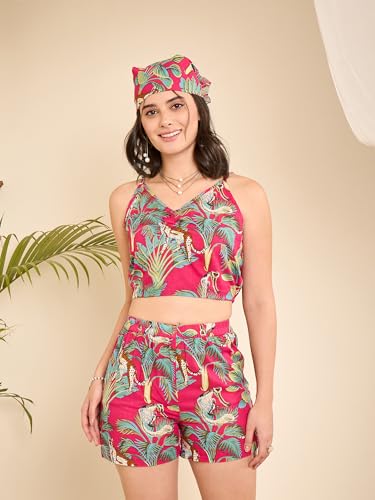 Image of WineRed Cotton Woman Beige 3Pcs Coord Set With Shorts, Floral