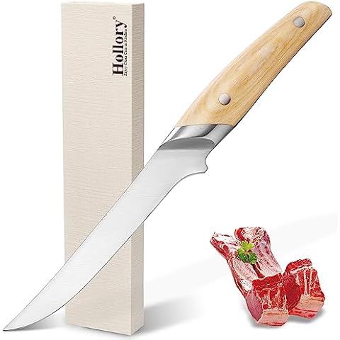 Hollory Boning Knife - 6 inch Kitchen Chef’s Fillet Knife - Super Sharp High Carbon Stainless Steel Blade for Trimming Brisket Rib Steak Deboning Chicken, Processing Fish Game Meat - Pakkawood Handle Cover