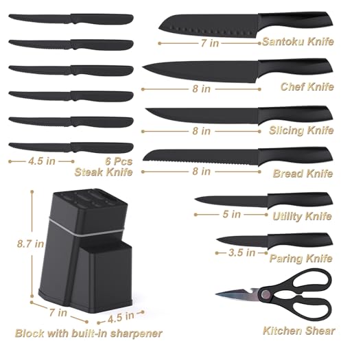 Kitchen Knife Set with Block - 15 Pieces Knife Sets with Built-in Sharpener, Dishwasher Safe, Stainless Steel Blades Kitchen Knives - Image 3