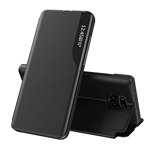 Baiyian Flip Housse Étui en Cuir Véritable Protection Coque avec Fenêtre pour Xiaomi Mi 10T Lite, Noir Cover
