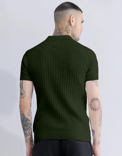 Image of Veirdo Men's Casual Ribbed Polo Collar Knit T-Shirt | Regular Fit Half Sleeve Polo for Men | Flat Knit Textured T-Shirt Perfect for Office, Party, Travel