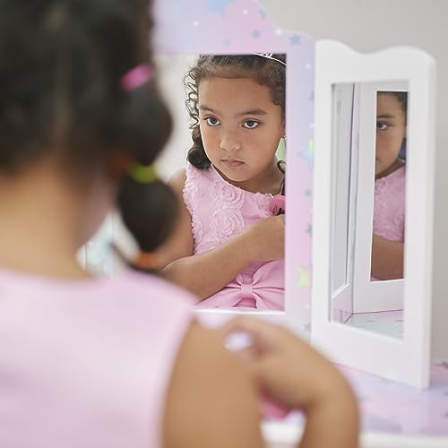 Teamson Kids TD-11670LS Princess Gisele Starry Sky Print 2-Piece Kids Wooden Play Vanity Set With Vanity Table, Tri-Fold Mirror, Storage Drawer, And Matching Stool thumb #5