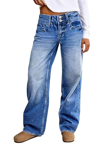 Flamingals Baggy Jeans for Women Straight Leg Mid Rise Stretchy