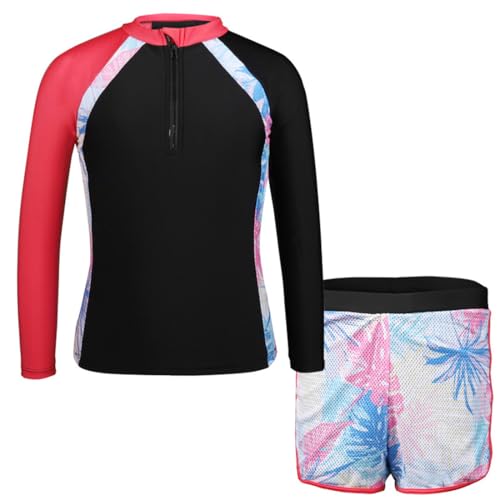 2 Pcs Youth Girls Long Sleeve Swimsuit Rash Guard Shirt+UPF 50 Swim Trunks Sun Protection Hat Bathing Suits Black