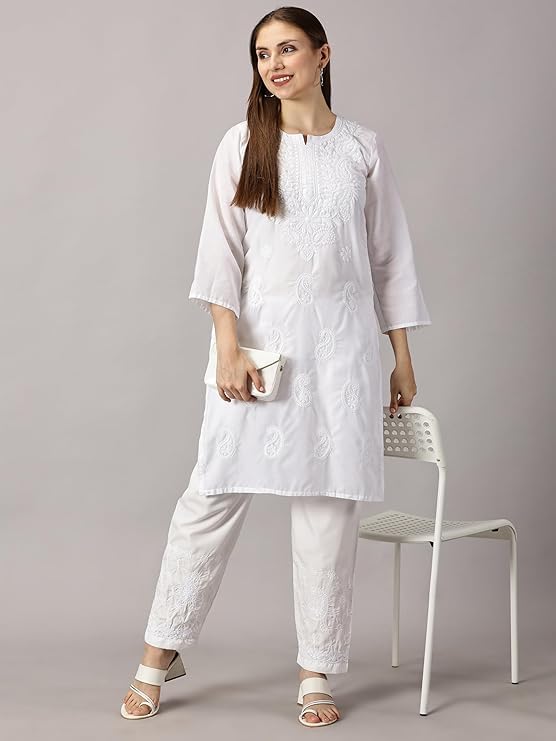 Image of FCH, Fashionable Chikan Handikraft Women's Cotton Lucknowi Chikankari Printed Straight Kurta for Regular Wear Girls Flared Kurta